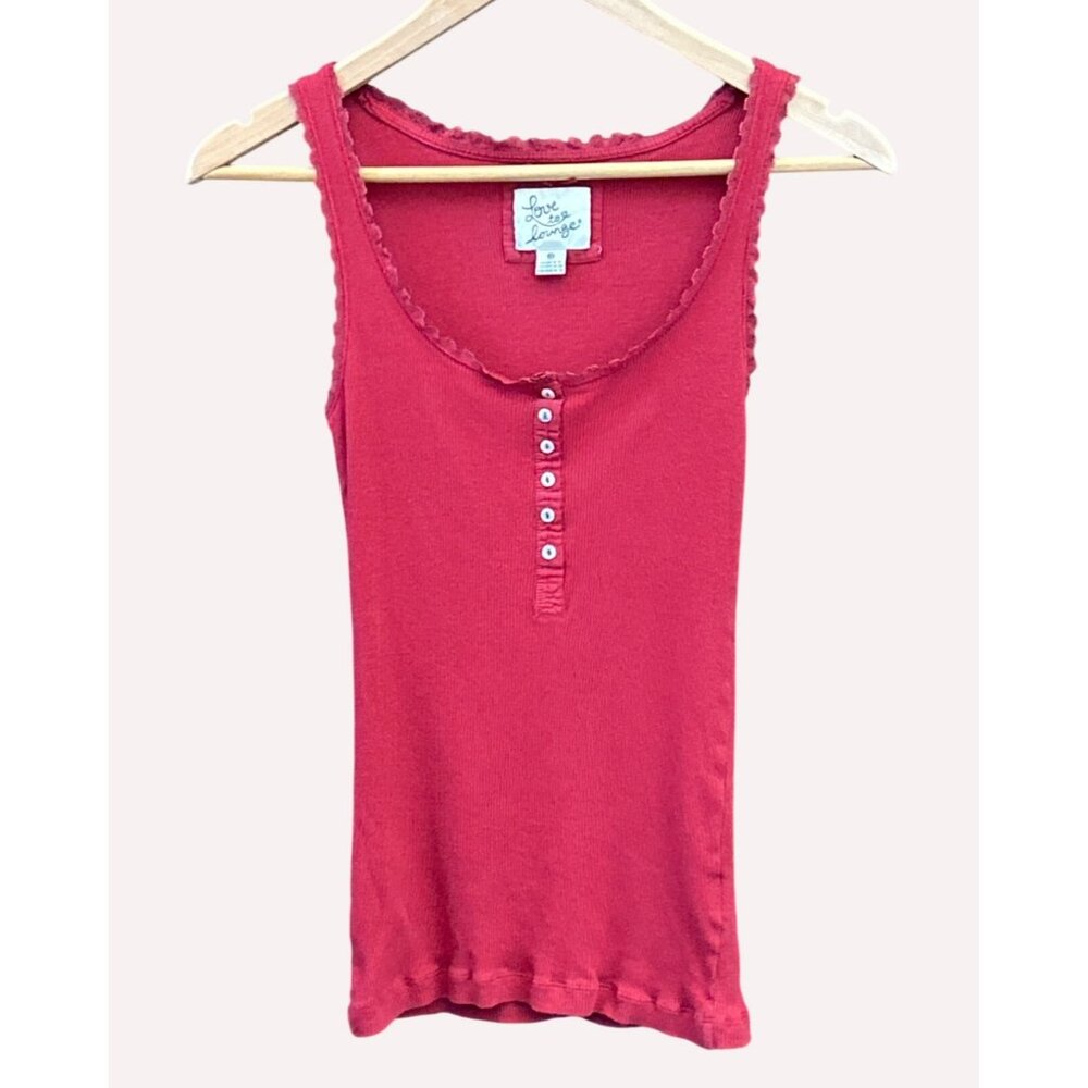 Y2K Vintage Love To Lounge Red Ribbed Ruffled Neckline Henley Tank Top Small